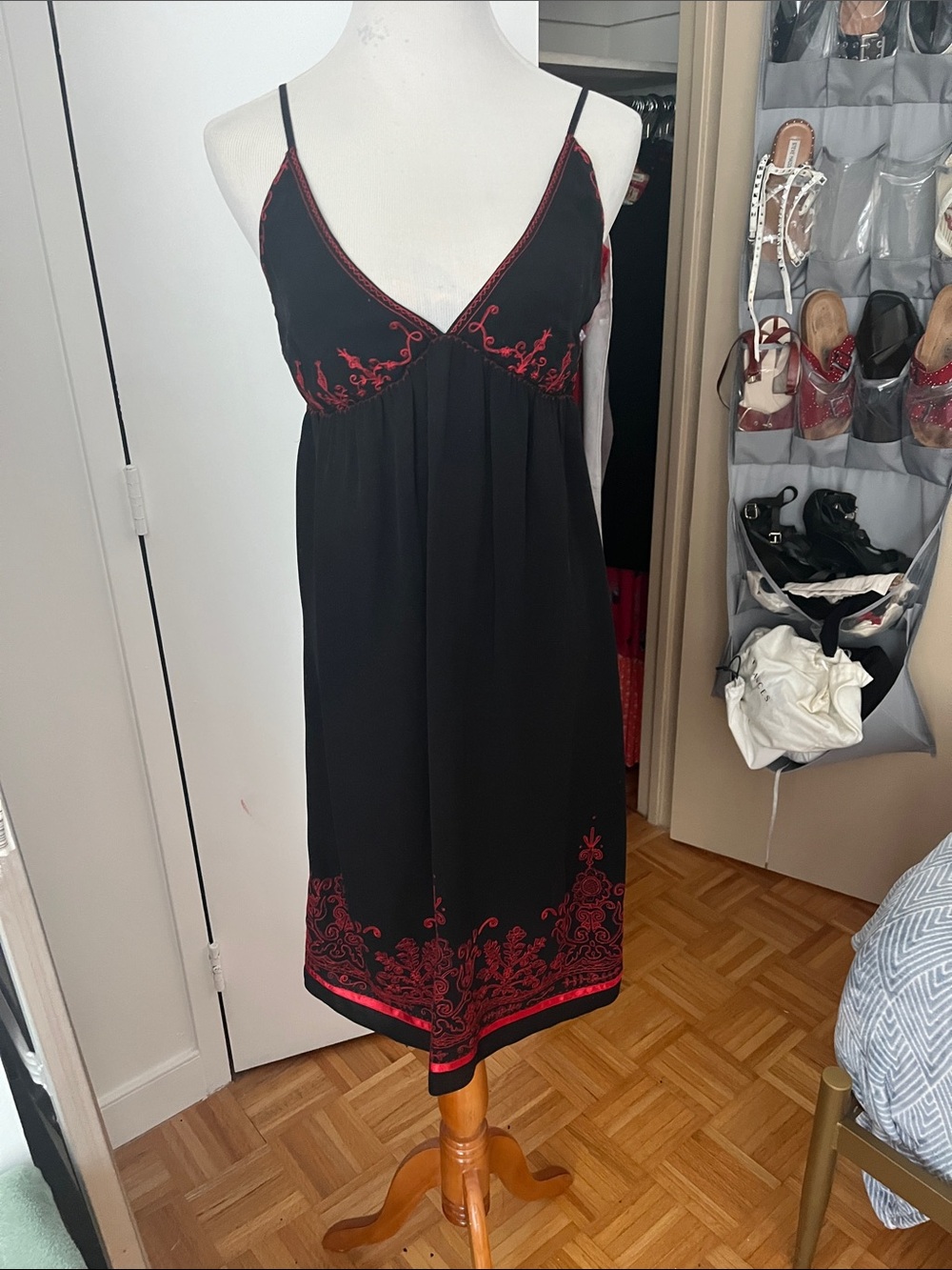 DKNY Black Slip Dress with Red Embroidery